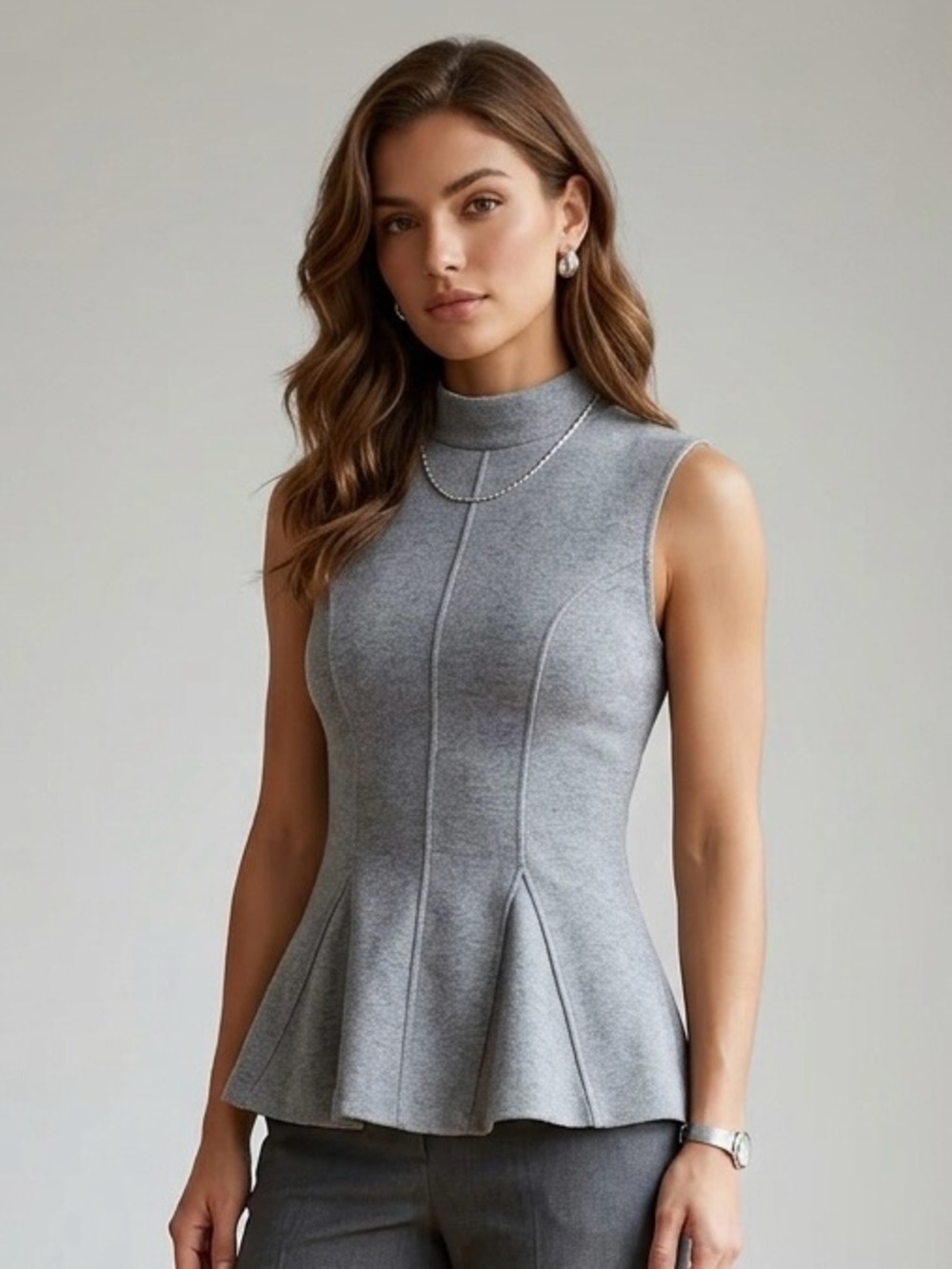 ZARA Mock Neck Sleeveless Peplum Grey Top Sz Small